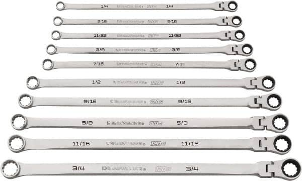 GearWrench - 10 Piece, 1/4" to 3/4", Ratcheting Flexhead Combination Wrench Set - Inch Measurement Standard, Chrome Finish - Caliber Tooling