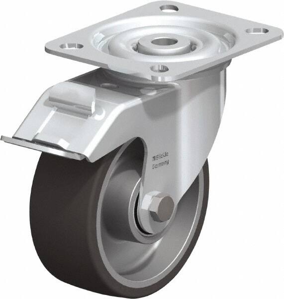 Blickle - 4" Diam x 1-9/16" Wide x 4-59/64" OAH Top Plate Mount Swivel Caster with Brake - Polyurethane-Elastomer, 220 Lb Capacity, Ball Bearing, 3-15/16 x 3-3/8" Plate - Caliber Tooling