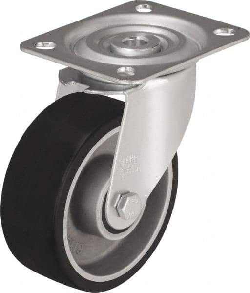 Blickle - 4" Diam x 1-9/16" Wide x 4-59/64" OAH Top Plate Mount Swivel Caster - Polyurethane-Elastomer, 220 Lb Capacity, Plain Bore Bearing, 3-15/16 x 3-3/8" Plate - Caliber Tooling