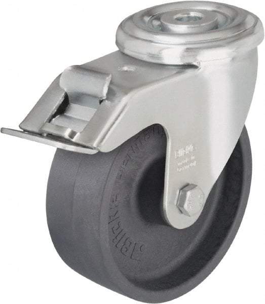 Blickle - 5" Diam x 1-3/16" Wide x 5-7/8" OAH Hollow Kingpin Mount Swivel Caster with Brake - Heat-Resistant Nylon, 330 Lb Capacity, Plain Bore Bearing, Hollow Kingpin Stem - Caliber Tooling