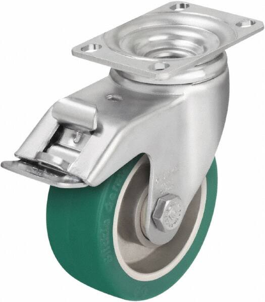 Blickle - 4" Diam x 1-9/16" Wide x 5-1/8" OAH Top Plate Mount Swivel Caster with Brake - Polyurethane-Elastomer Blickle Softhane, 400 Lb Capacity, Ball Bearing, 3-5/8 x 2-1/2" Plate - Caliber Tooling