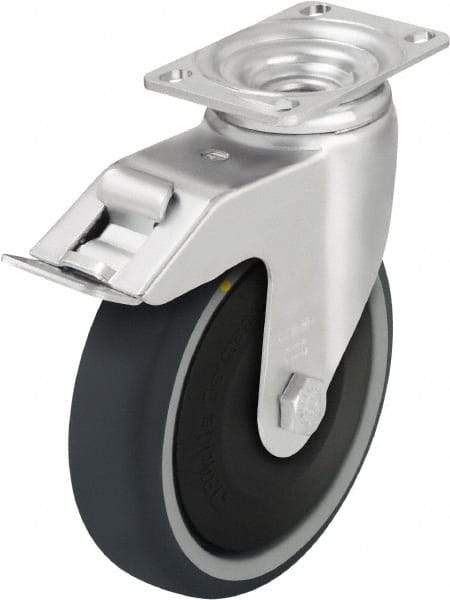 Blickle - 5" Diam x 1-1/4" Wide x 6-1/8" OAH Top Plate Mount Swivel Caster with Brake - Thermoplastic Polyurethane, 400 Lb Capacity, Ball Bearing, 3-5/8 x 2-1/2" Plate - Caliber Tooling