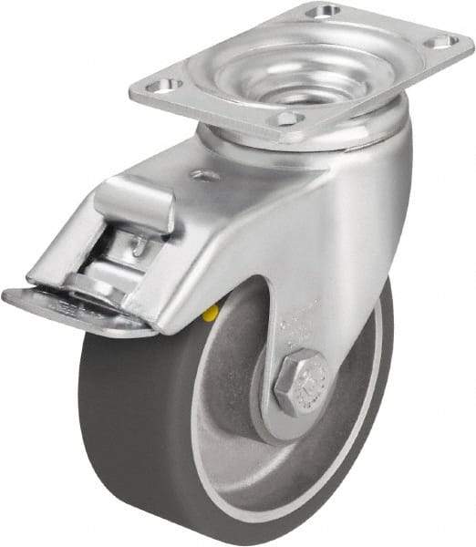 Blickle - 5" Diam x 1-9/16" Wide x 6-1/8" OAH Top Plate Mount Swivel Caster with Brake - Polyurethane-Elastomer Blickle Softhane, 400 Lb Capacity, Ball Bearing, 3-5/8 x 2-1/2" Plate - Caliber Tooling