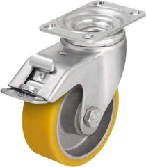 Blickle - 5" Diam x 1-9/16" Wide x 6-1/8" OAH Top Plate Mount Swivel Caster with Brake - Polyurethane-Elastomer Blickle Softhane, 400 Lb Capacity, Ball Bearing, 3-5/8 x 2-1/2" Plate - Caliber Tooling