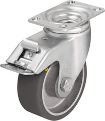 Blickle - 4" Diam x 1-9/16" Wide x 5-1/8" OAH Top Plate Mount Swivel Caster with Brake - Polyurethane-Elastomer Blickle Softhane, 400 Lb Capacity, Ball Bearing, 3-5/8 x 2-1/2" Plate - Caliber Tooling