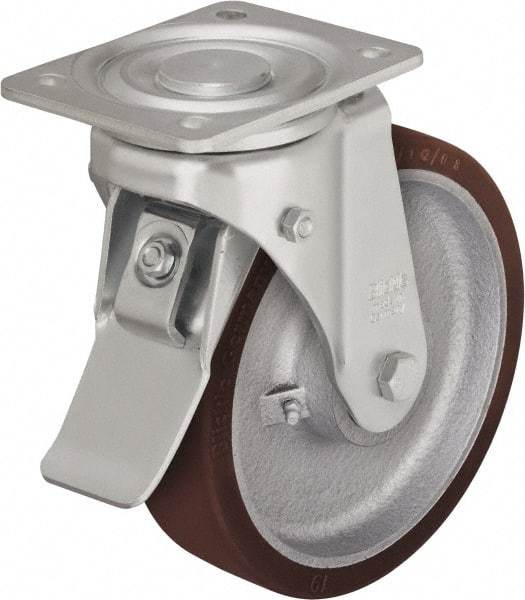 Blickle - 5" Diam x 1-31/32" Wide x 6-1/2" OAH Top Plate Mount Swivel Caster with Brake - Polyurethane-Elastomer Blickle Softhane, 1,100 Lb Capacity, Ball Bearing, 5-1/2 x 4-3/8" Plate - Caliber Tooling