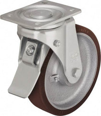 Blickle - 8" Diam x 3-9/64" Wide x 9-41/64" OAH Top Plate Mount Swivel Caster with Brake - Polyurethane-Elastomer Blickle Besthane, 1,760 Lb Capacity, Ball Bearing, 5-1/2 x 4-3/8" Plate - Caliber Tooling