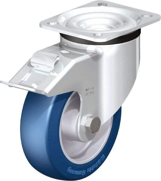 Blickle - 5" Diam x 1-37/64" Wide x 6-7/64" OAH Top Plate Mount Swivel Caster with Brake - Polyurethane-Elastomer Blickle Besthane, 770 Lb Capacity, Ball Bearing, 3-15/16 x 3-3/8" Plate - Caliber Tooling