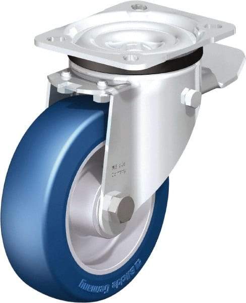 Blickle - 5" Diam x 1-37/64" Wide x 6-7/64" OAH Top Plate Mount Swivel Caster with Brake - Polyurethane-Elastomer Blickle Besthane, 770 Lb Capacity, Ball Bearing, 3-15/16 x 3-3/8" Plate - Caliber Tooling