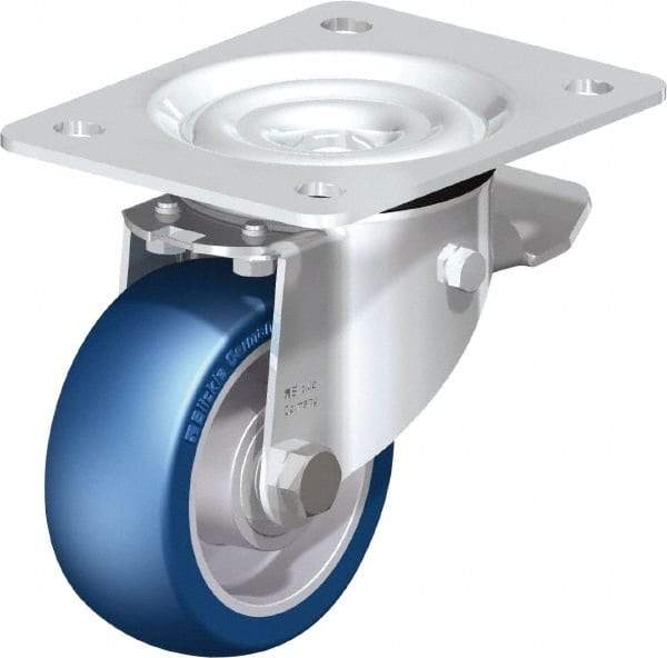 Blickle - 4" Diam x 1-37/64" Wide x 5-7/64" OAH Top Plate Mount Swivel Caster with Brake - Polyurethane-Elastomer Blickle Besthane, 660 Lb Capacity, Ball Bearing, 5-1/2 x 4-3/8" Plate - Caliber Tooling