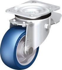 Blickle - 4" Diam x 1-37/64" Wide x 5-7/64" OAH Top Plate Mount Swivel Caster with Brake - Polyurethane-Elastomer Blickle Besthane, 660 Lb Capacity, Ball Bearing, 3-15/16 x 3-3/8" Plate - Caliber Tooling