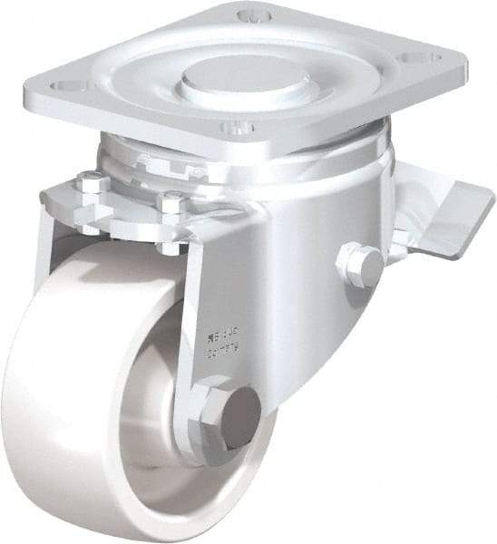 Blickle - 3" Diam x 1-29/64" Wide x 4-23/32" OAH Top Plate Mount Swivel Caster with Brake - Impact-Resistant Nylon, 770 Lb Capacity, Plain Bore Bearing, 3-15/16 x 3-3/8" Plate - Caliber Tooling