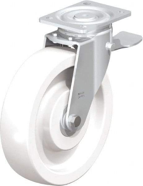 Blickle - 10" Diam x 2-9/16" Wide x 11-39/64" OAH Top Plate Mount Swivel Caster with Brake - Impact-Resistant Nylon, 1,980 Lb Capacity, Ball Bearing, 5-1/2 x 4-3/8" Plate - Caliber Tooling