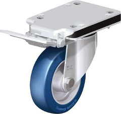 Blickle - 5" Diam x 1-37/64" Wide x 5-25/32" OAH Top Plate Mount Swivel Caster with Brake - Polyurethane-Elastomer Blickle Besthane, 770 Lb Capacity, Ball Bearing, 5-1/2 x 4-3/8" Plate - Caliber Tooling