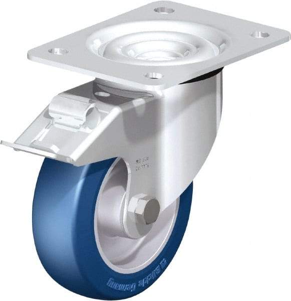 Blickle - 5" Diam x 1-37/64" Wide x 6-7/64" OAH Top Plate Mount Swivel Caster with Brake - Polyurethane-Elastomer Blickle Besthane, 770 Lb Capacity, Ball Bearing, 5-1/2 x 4-3/8" Plate - Caliber Tooling