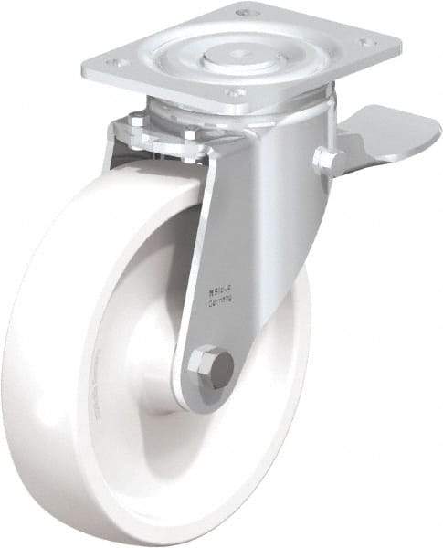 Blickle - 8" Diam x 1-31/32" Wide x 9-41/64" OAH Top Plate Mount Swivel Caster with Brake - Impact-Resistant Nylon, 1,980 Lb Capacity, Plain Bore Bearing, 5-1/2 x 4-3/8" Plate - Caliber Tooling