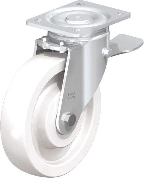 Blickle - 8" Diam x 1-31/32" Wide x 9-41/64" OAH Top Plate Mount Swivel Caster with Brake - Impact-Resistant Nylon, 1,980 Lb Capacity, Ball Bearing, 5-1/2 x 4-3/8" Plate - Caliber Tooling