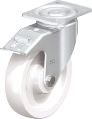 Blickle - 8" Diam x 1-31/32" Wide x 9-41/64" OAH Top Plate Mount Swivel Caster with Brake - Impact-Resistant Nylon, 1,980 Lb Capacity, Plain Bore Bearing, 5-1/2 x 4-3/8" Plate - Caliber Tooling