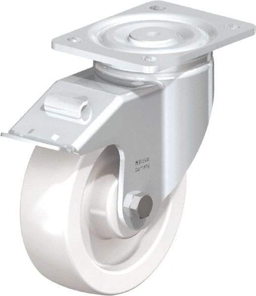 Blickle - 6-1/2" Diam x 1-31/32" Wide x 7-3/4" OAH Top Plate Mount Swivel Caster with Brake - Impact-Resistant Nylon, 1,870 Lb Capacity, Plain Bore Bearing, 5-1/2 x 4-3/8" Plate - Caliber Tooling