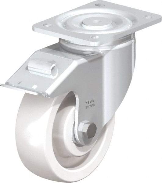 Blickle - 6" Diam x 1-31/32" Wide x 7-3/4" OAH Top Plate Mount Swivel Caster with Brake - Impact-Resistant Nylon, 1,760 Lb Capacity, Ball Bearing, 5-1/2 x 4-3/8" Plate - Caliber Tooling