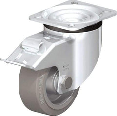 Blickle - 4" Diam x 1-37/64" Wide x 5-7/64" OAH Top Plate Mount Swivel Caster with Brake - Solid Rubber, 440 Lb Capacity, Ball Bearing, 3-15/16 x 3-3/8" Plate - Caliber Tooling