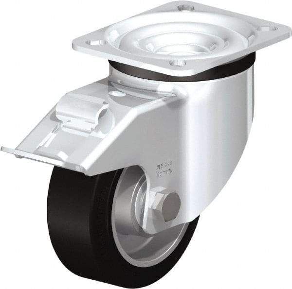 Blickle - 4" Diam x 1-37/64" Wide x 5-7/64" OAH Top Plate Mount Swivel Caster with Brake - Solid Rubber, 440 Lb Capacity, Ball Bearing, 3-15/16 x 3-3/8" Plate - Caliber Tooling