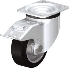 Blickle - 4" Diam x 1-37/64" Wide x 5-7/64" OAH Top Plate Mount Swivel Caster with Brake - Solid Rubber, 440 Lb Capacity, Ball Bearing, 3-15/16 x 3-3/8" Plate - Caliber Tooling