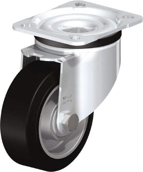 Blickle - 4" Diam x 1-37/64" Wide x 5-7/64" OAH Top Plate Mount Swivel Caster - Solid Rubber, 440 Lb Capacity, Ball Bearing, 3-15/16 x 3-3/8" Plate - Caliber Tooling