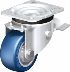 Blickle - 3" Diam x 1-37/64" Wide x 4-21/64" OAH Top Plate Mount Swivel Caster with Brake - Polyurethane-Elastomer Blickle Besthane, 506 Lb Capacity, Ball Bearing, 3-15/16 x 3-3/8" Plate - Caliber Tooling