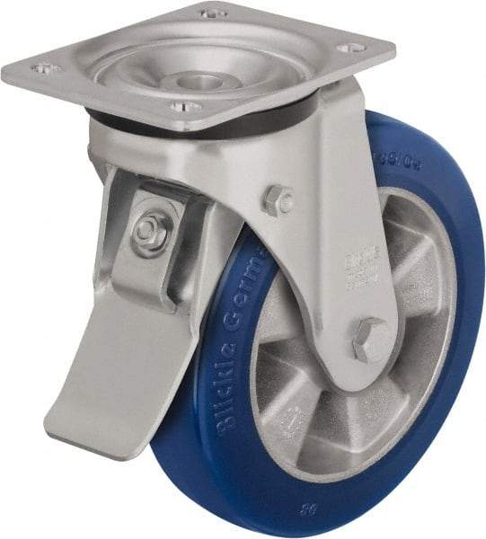 Blickle - 8" Diam x 1-31/32" Wide x 9-41/64" OAH Top Plate Mount Swivel Caster with Brake - Polyurethane-Elastomer Blickle Besthane, 1,320 Lb Capacity, Ball Bearing, 5-1/2 x 4-3/8" Plate - Caliber Tooling