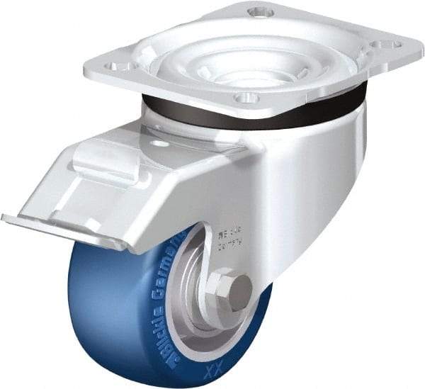 Blickle - 3" Diam x 1-37/64" Wide x 4-21/64" OAH Top Plate Mount Swivel Caster with Brake - Polyurethane-Elastomer Blickle Besthane, 506 Lb Capacity, Ball Bearing, 3-15/16 x 3-3/8" Plate - Caliber Tooling