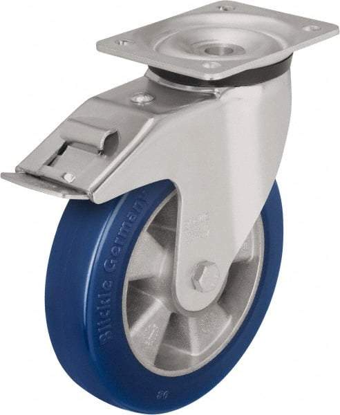 Blickle - 5" Diam x 2-1/8" Wide x 6-11/16" OAH Top Plate Mount Swivel Caster with Brake - Polyurethane-Elastomer Blickle Besthane, 990 Lb Capacity, Ball Bearing, 5-1/2 x 4-3/8" Plate - Caliber Tooling