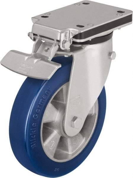 Blickle - 6-1/2" Diam x 1-31/32" Wide x 5-25/32" OAH Top Plate Mount Swivel Caster with Brake - Polyurethane-Elastomer Blickle Besthane, 1,210 Lb Capacity, Ball Bearing, 5-1/2 x 4-3/8" Plate - Caliber Tooling