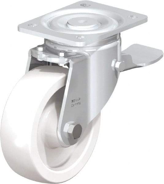 Blickle - 6" Diam x 1-31/32" Wide x 7-3/4" OAH Top Plate Mount Swivel Caster with Brake - Impact-Resistant Nylon, 1,760 Lb Capacity, Plain Bore Bearing, 5-1/2 x 4-3/8" Plate - Caliber Tooling