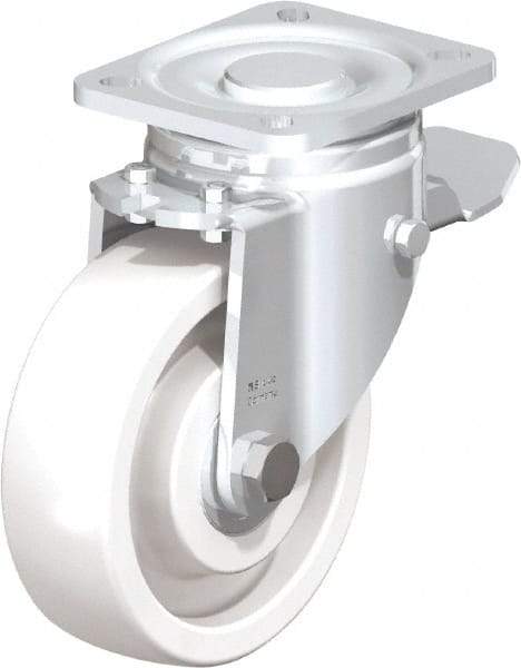 Blickle - 5" Diam x 1-29/64" Wide x 6-1/2" OAH Top Plate Mount Swivel Caster with Brake - Impact-Resistant Nylon, 1,540 Lb Capacity, Ball Bearing, 3-15/16 x 3-3/8" Plate - Caliber Tooling