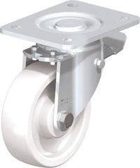 Blickle - 5" Diam x 1-29/64" Wide x 6-1/2" OAH Top Plate Mount Swivel Caster with Brake - Impact-Resistant Nylon, 1,540 Lb Capacity, Plain Bore Bearing, 5-1/2 x 4-3/8" Plate - Caliber Tooling