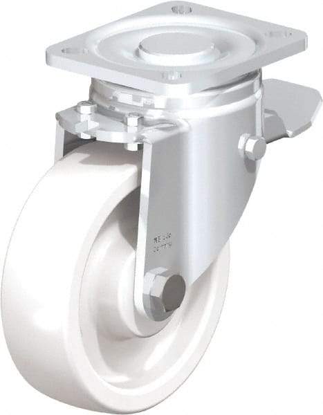 Blickle - 5" Diam x 1-29/64" Wide x 6-1/2" OAH Top Plate Mount Swivel Caster with Brake - Impact-Resistant Nylon, 1,540 Lb Capacity, Plain Bore Bearing, 3-15/16 x 3-3/8" Plate - Caliber Tooling