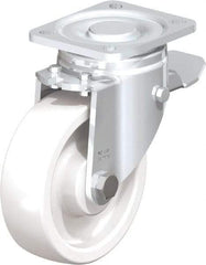 Blickle - 5" Diam x 1-29/64" Wide x 6-1/2" OAH Top Plate Mount Swivel Caster with Brake - Impact-Resistant Nylon, 1,540 Lb Capacity, Plain Bore Bearing, 3-15/16 x 3-3/8" Plate - Caliber Tooling