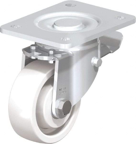 Blickle - 4" Diam x 1-29/64" Wide x 6-1/2" OAH Top Plate Mount Swivel Caster with Brake - Impact-Resistant Nylon, 1,100 Lb Capacity, Ball Bearing, 5-1/2 x 4-3/8" Plate - Caliber Tooling