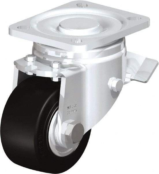 Blickle - 3" Diam x 1-49/64" Wide x 4-23/32" OAH Top Plate Mount Swivel Caster with Brake - Solid Rubber, 440 Lb Capacity, Ball Bearing, 3-15/16 x 3-3/8" Plate - Caliber Tooling