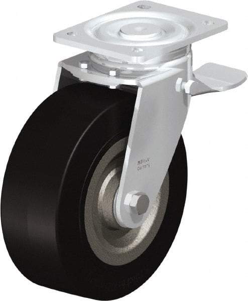 Blickle - 8" Diam x 3-9/64" Wide x 9-41/64" OAH Top Plate Mount Swivel Caster with Brake - Solid Rubber, 1,870 Lb Capacity, Ball Bearing, 5-1/2 x 4-3/8" Plate - Caliber Tooling