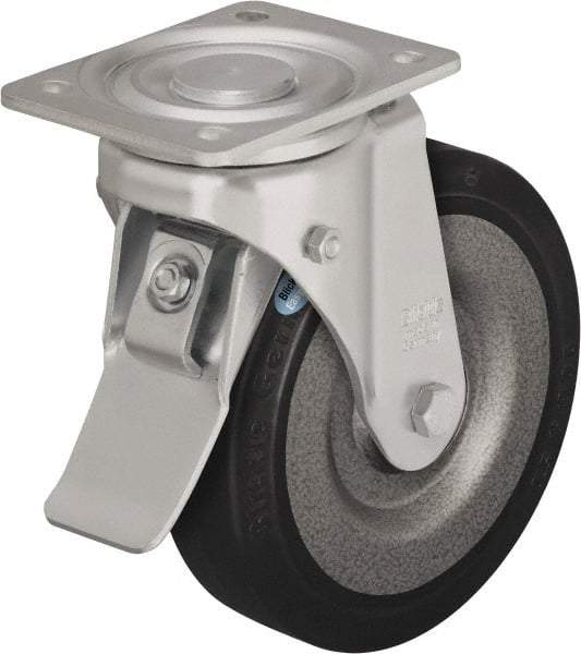 Blickle - 6-1/2" Diam x 1-31/32" Wide x 7-61/64" OAH Top Plate Mount Swivel Caster with Brake - Solid Rubber, 990 Lb Capacity, Ball Bearing, 5-1/2 x 4-3/8" Plate - Caliber Tooling