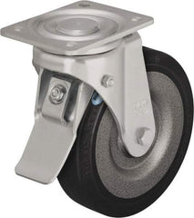 Blickle - 10" Diam x 2-23/64" Wide x 11-39/64" OAH Top Plate Mount Swivel Caster with Brake - Solid Rubber, 1,870 Lb Capacity, Ball Bearing, 5-1/2 x 4-3/8" Plate - Caliber Tooling