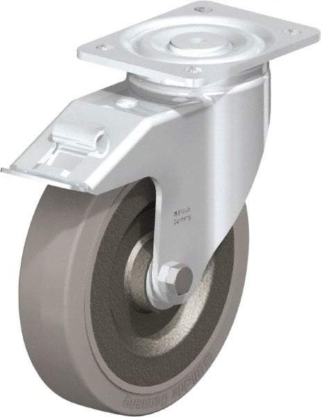 Blickle - 8" Diam x 1-31/32" Wide x 9-41/64" OAH Top Plate Mount Swivel Caster with Brake - Solid Rubber, 1,320 Lb Capacity, Ball Bearing, 5-1/2 x 4-3/8" Plate - Caliber Tooling