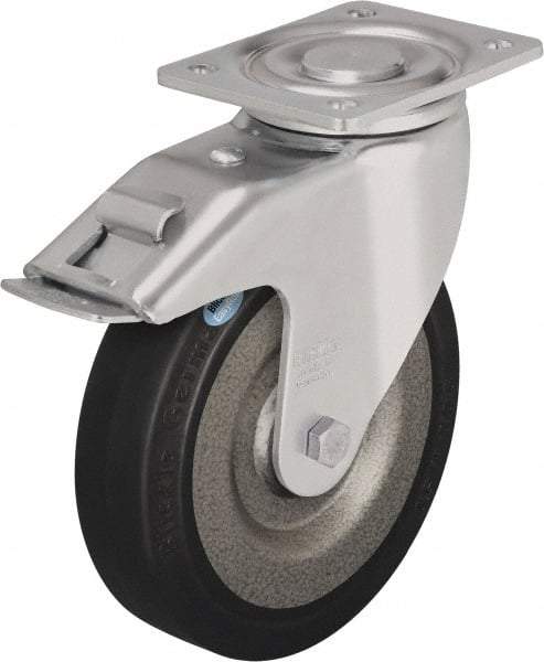 Blickle - 8" Diam x 1-31/32" Wide x 9-41/64" OAH Top Plate Mount Swivel Caster with Brake - Solid Rubber, 1,320 Lb Capacity, Ball Bearing, 5-1/2 x 4-3/8" Plate - Caliber Tooling