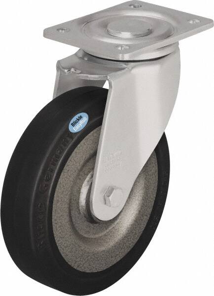 Blickle - 8" Diam x 1-31/32" Wide x 9-41/64" OAH Top Plate Mount Swivel Caster - Solid Rubber, 1,320 Lb Capacity, Ball Bearing, 5-1/2 x 4-3/8" Plate - Caliber Tooling