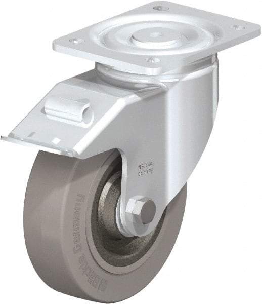 Blickle - 6-1/2" Diam x 1-31/32" Wide x 7-61/64" OAH Top Plate Mount Swivel Caster with Brake - Solid Rubber, 990 Lb Capacity, Ball Bearing, 5-1/2 x 4-3/8" Plate - Caliber Tooling