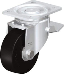 Blickle - 5" Diam x 1-31/32" Wide x 6-11/16" OAH Top Plate Mount Swivel Caster with Brake - Solid Rubber, 704 Lb Capacity, Ball Bearing, 5-1/2 x 4-3/8" Plate - Caliber Tooling