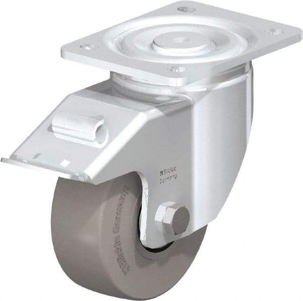 Blickle - 5" Diam x 1-31/32" Wide x 6-11/16" OAH Top Plate Mount Swivel Caster with Brake - Solid Rubber, 704 Lb Capacity, Ball Bearing, 5-1/2 x 4-3/8" Plate - Caliber Tooling