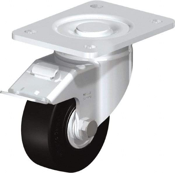 Blickle - 4" Diam x 1-49/64" Wide x 5-33/64" OAH Top Plate Mount Swivel Caster with Brake - Solid Rubber, 594 Lb Capacity, Ball Bearing, 5-1/2 x 4-3/8" Plate - Caliber Tooling